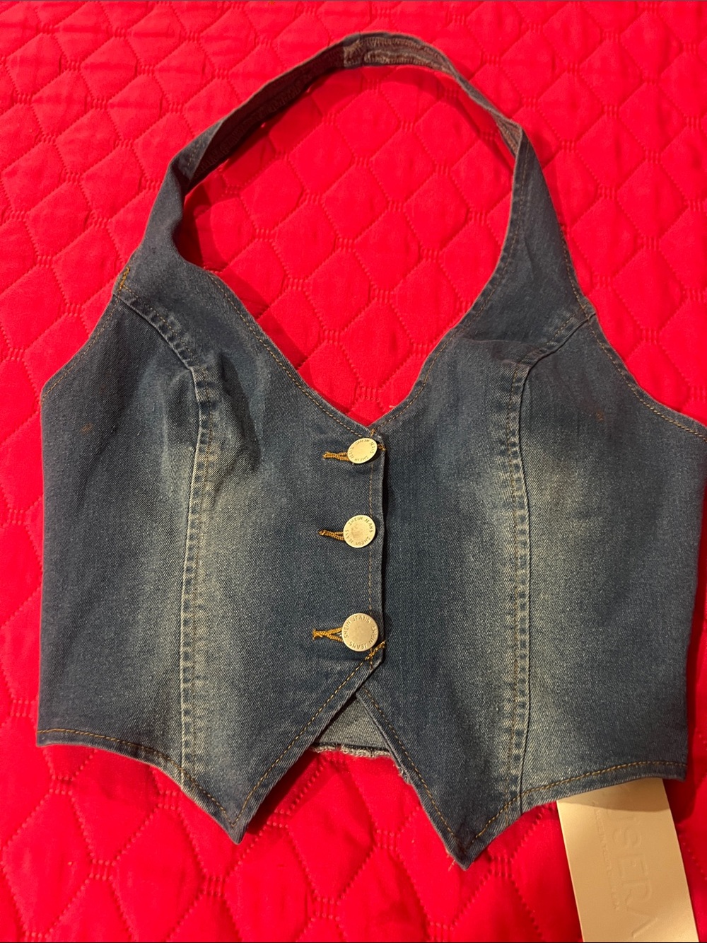 Musera Women’s Dark Wash Denim Halter Crop Top with Center Buttons